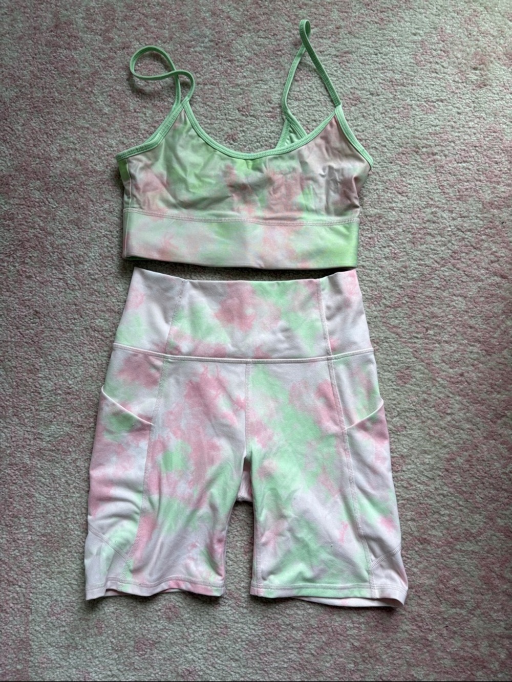 Fabletics Pink & Light Green Tie-Dye Athletic Shorts Set